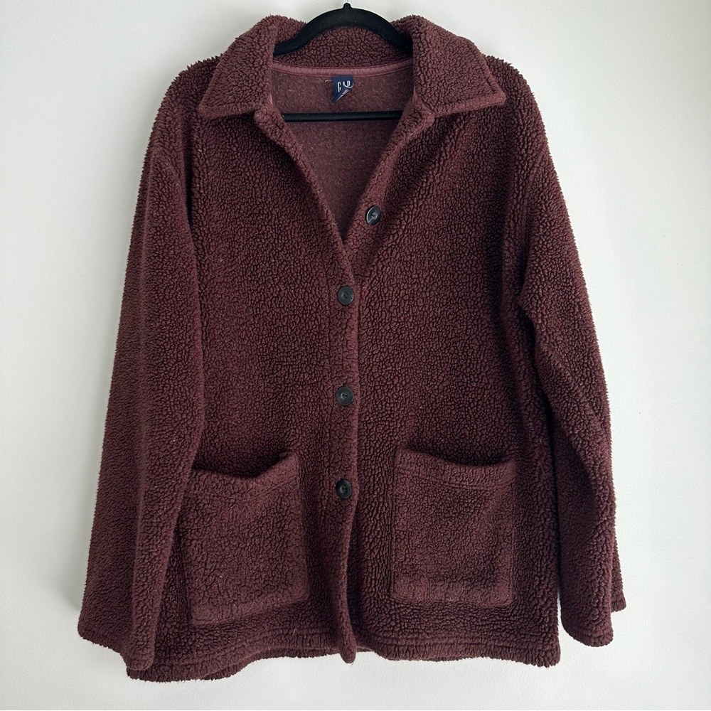 Vintage Gap 90s Y2K Teddy Jacket Button Down Shacket Large Maroon